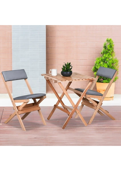 Ahşap Katlanır Döşeme Minderli 3 Lü Bistro Set Bahçe Takımı (Naturel-Gri)