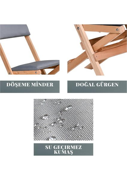 Ahşap Katlanır Döşeme Minderli 3 Lü Bistro Set Bahçe Takımı (Naturel-Gri)