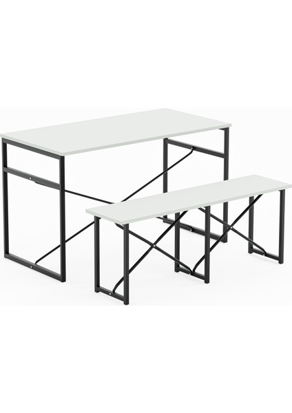 Masa Takımı Bench Bank Masa Seti 120 x 60 Mutfak ve Yemek Masası Beyaz 1560