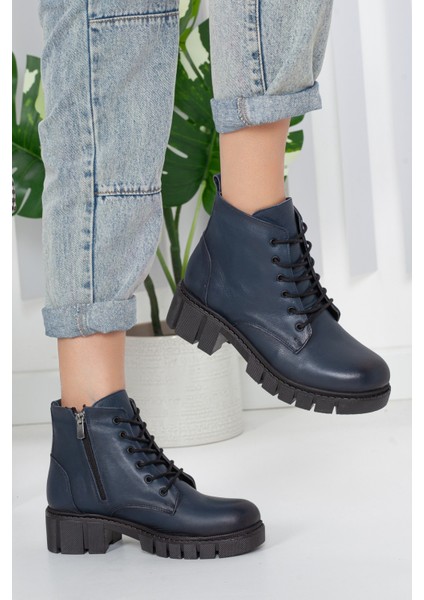 Baran Shoes Kadın Lacivert Hakiki Deri Fermuarlı ve Bağcıklı Bot