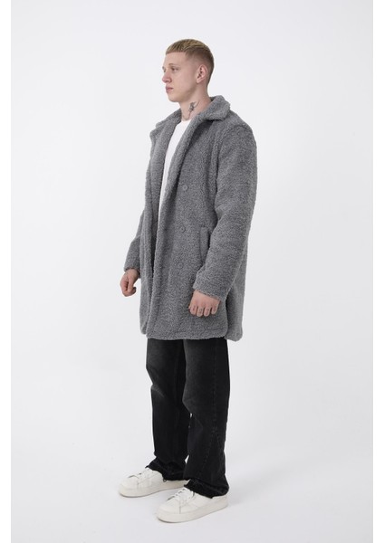 R-2469 Astarlı Yan Yırtmaçlı Peluş Uzun Mont