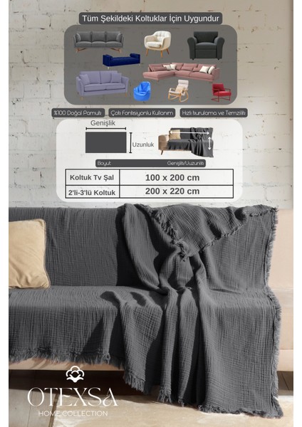 4 Katlı Çift Taraflı Müslin Koltuk Örtüsü (200 x 200CM) indirimleri