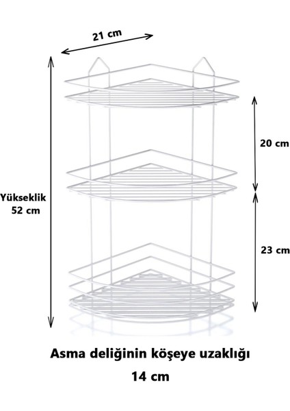 Ömür Boyu Paslanmaz 3 Katlı Köşe Süngerlik Duş Rafı Sabunluk Şampuanlık Rafı Beyaz Ek-03