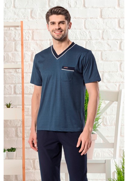 V Yaka Kısa Kollu Çok Rahat Desenli Damat Pijama Takımı