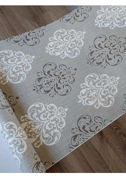 Kms Home Kahverengi Bej Damask Desenli Hafif Kabartmalı Silinebilir Duvar Kağıdı (En:53 cm Boy:10 Metre)