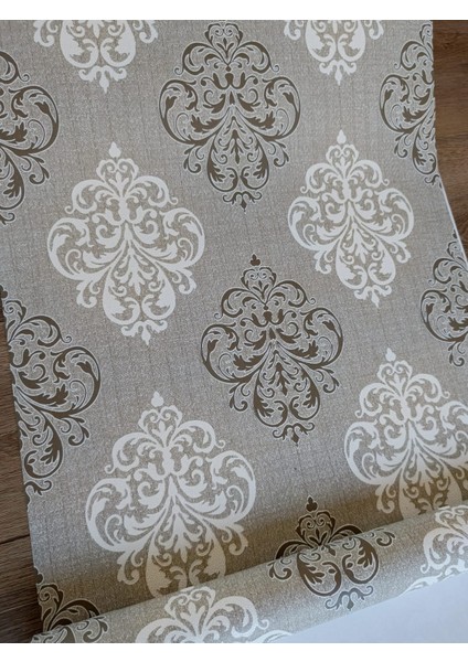 Kms Home Kahverengi Bej Damask Desenli Hafif Kabartmalı Silinebilir Duvar Kağıdı (En:53 cm Boy:10 Metre)