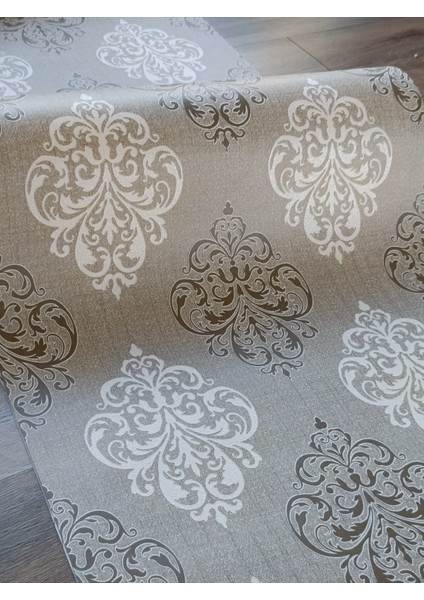 Kms Home Kahverengi Bej Damask Desenli Hafif Kabartmalı Silinebilir Duvar Kağıdı (En:53 cm Boy:10 Metre)