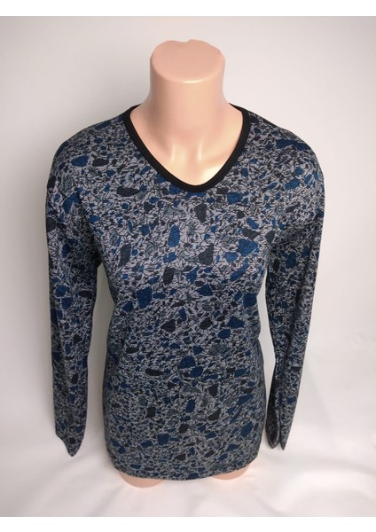 Kadın Mavi Siyah V Yaka Uzun Kollu Yanları Yırtmaçlı Mevsimlik Anne Penye Tişört Bluz