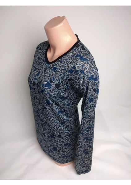 Kadın Mavi Siyah V Yaka Uzun Kollu Yanları Yırtmaçlı Mevsimlik Anne Penye Tişört Bluz fiyatları