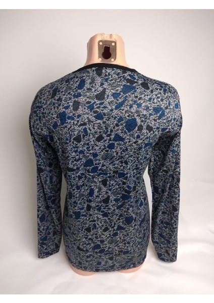 Kadın Mavi Siyah V Yaka Uzun Kollu Yanları Yırtmaçlı Mevsimlik Anne Penye Tişört Bluz modelleri