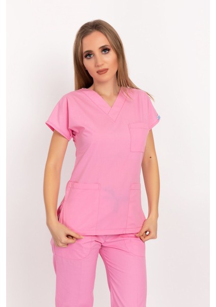 Şeker Pembe Renk Likralı Doktor Hemşire Cerrahi Tek Üst Forma