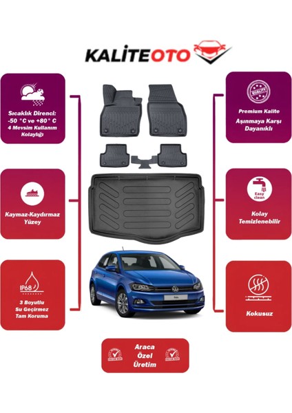 Volkswagen Polo 2019 Model Alt Bagaj Havuzu+4d Araca Özel Havuzlu Paspas Takımıı Prqx