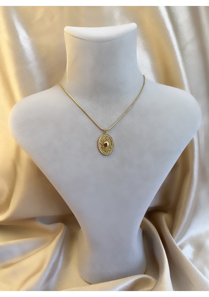 Vintage Güneş Desen Plaka Gold Çelik Kolye