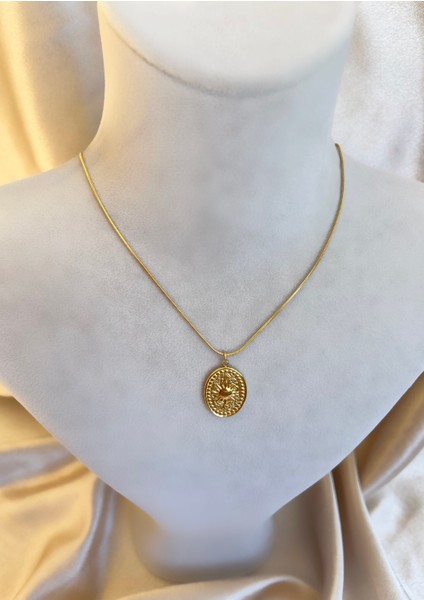 Vintage Güneş Desen Plaka Gold Çelik Kolye
