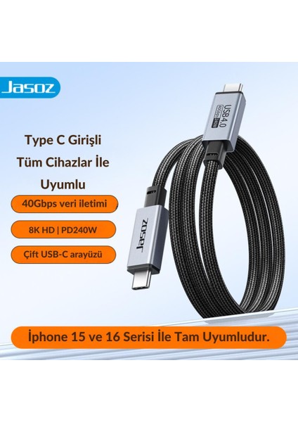 2 Metre 240W 4.0 Thunderbolt Type-C To Type-C Şarj, Data ve 8k 60Hz Görüntü Aktarım Kablosu