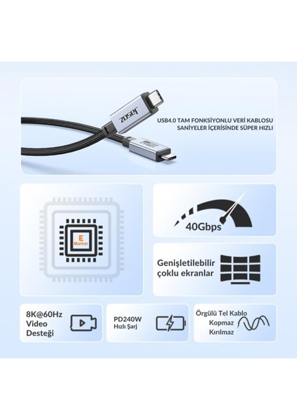 2 Metre 240W 4.0 Thunderbolt Type-C To Type-C Şarj, Data ve 8k 60Hz Görüntü Aktarım Kablosu