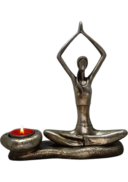 Tealightlı Yoga Yapan Kız Figürü - Şık Dekorasyon ve Sakinleştirici Atmosfer, Gümüş
