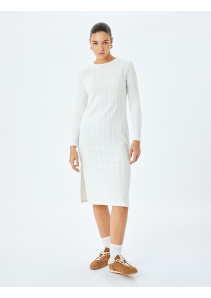 Yumuşak Dokulu Bisiklet Yaka Uzun Kollu Midi Boy Şönil Elbise fiyatları