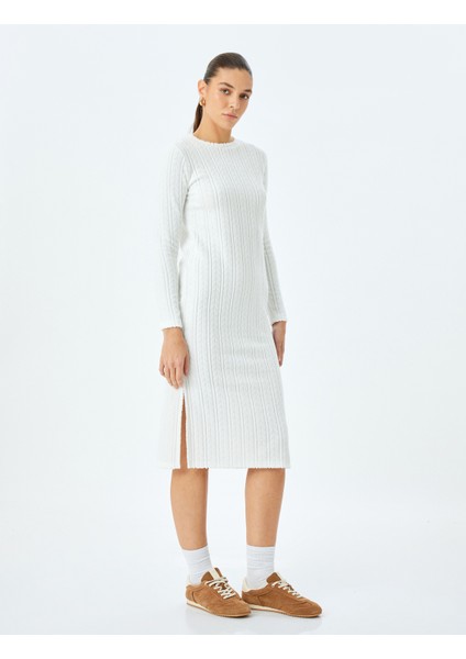 Yumuşak Dokulu Bisiklet Yaka Uzun Kollu Midi Boy Şönil Elbise modelleri