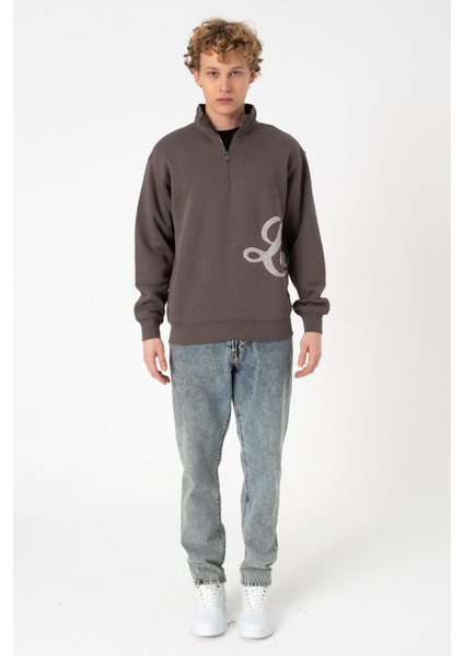 Sw Yarım Fermuar Füme Işlemeli Şardonlu Sweatshirt