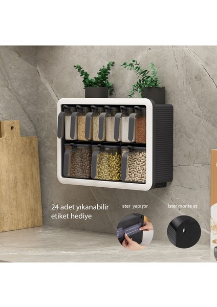 Standlı 9lu Baharatlık Takımı Kendinden Yapışkanlı Kaşıklı ve Kapaklı Baharatlık Seti