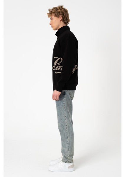 Sw Yarım Fermuar Siyah Işlemeli Şardonlu Sweatshirt