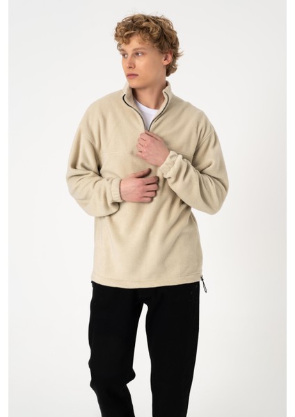 Polar Fermuarlı Rahat Bej Sweatshirt