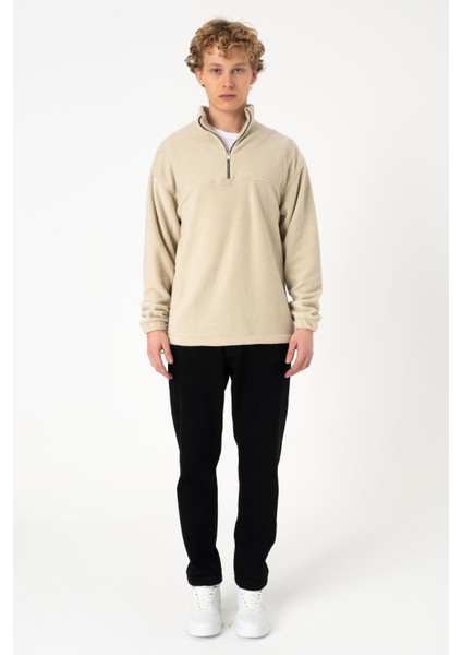 Polar Fermuarlı Rahat Bej Sweatshirt