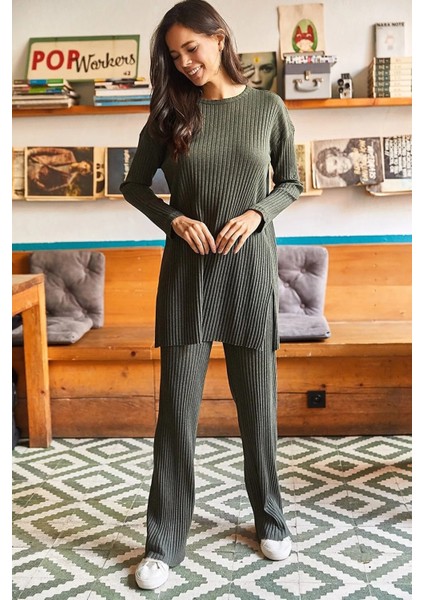 Kadın Uzun Kollu Çizgili Ikili Salaş Alt Üst Takım