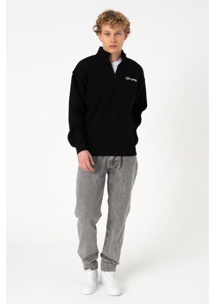 Sw Yarım Fermuar Siyah Baskılı Şardonlu Sweatshirt