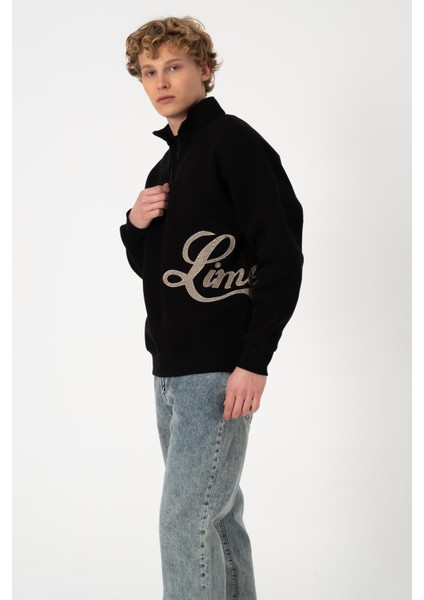 Sw Yarım Fermuar Siyah Işlemeli Şardonlu Sweatshirt