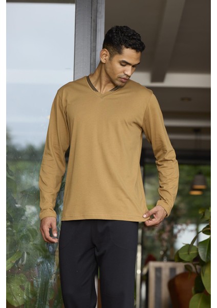 Erkek Uzun Kol V Yaka Camel Pijama Takımı C9T2N0O6