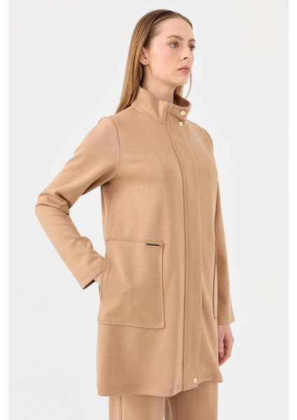 Oysh Kumaş Pantolonlu Fermuar Kapamalı Takım Camel