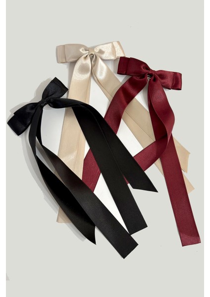 Çift Saten Fiyonk Kurdele Toka Bordo-Krem-Siyah 3'lü Paket