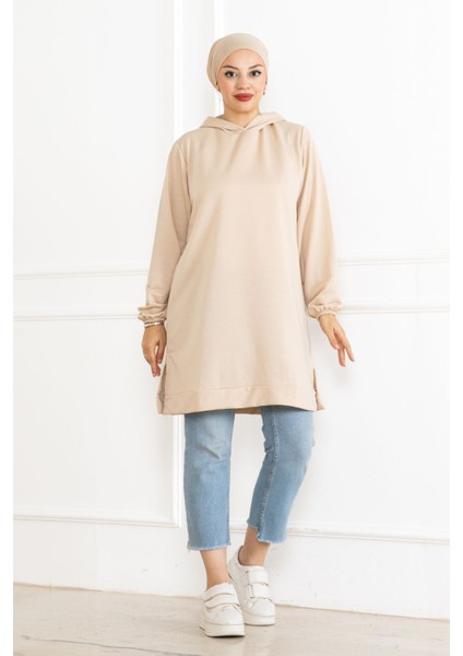 Kadın Kapüşonlu Krem Uzun Tesettür Tunik Sweatshirt