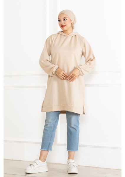 Kadın Kapüşonlu Krem Uzun Tesettür Tunik Sweatshirt fiyatları