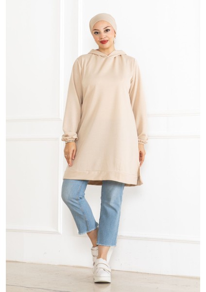 Kadın Kapüşonlu Krem Uzun Tesettür Tunik Sweatshirt modelleri