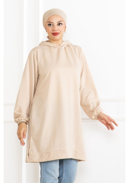 Kadın Kapüşonlu Krem Uzun Tesettür Tunik Sweatshirt fırsatları