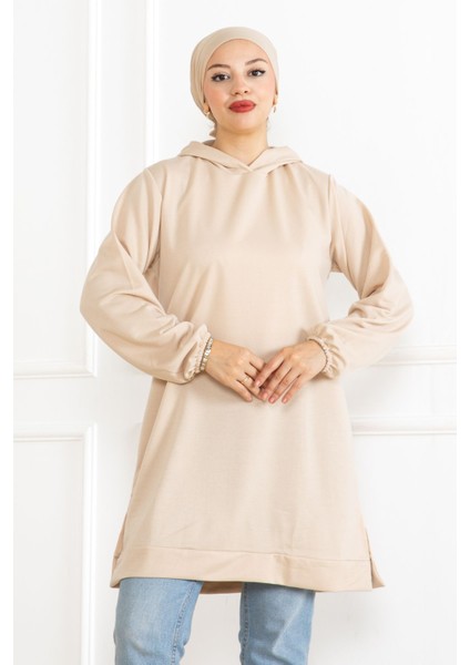Kadın Kapüşonlu Krem Uzun Tesettür Tunik Sweatshirt indirimleri