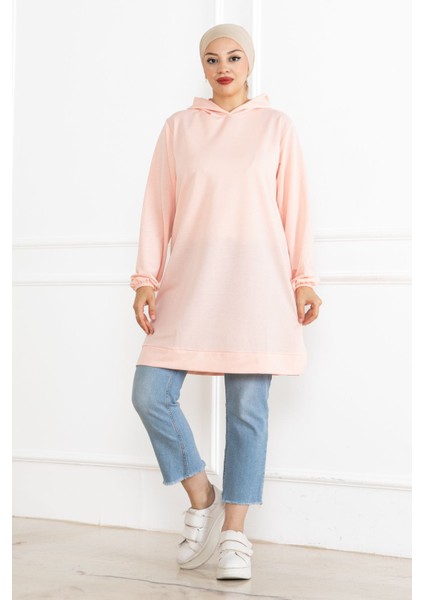 Kadın Kapüşonlu Pembe Uzun Tesettür Tunik Sweatshirt