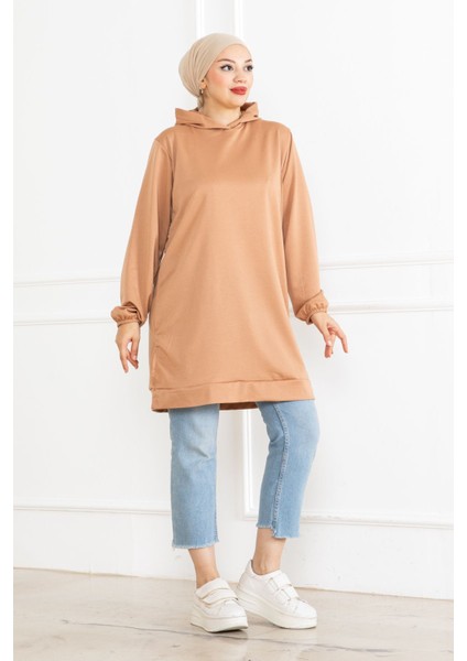 Kadın Kapüşonlu Bej Uzun Tesettür Tunik Sweatshirt fiyatları