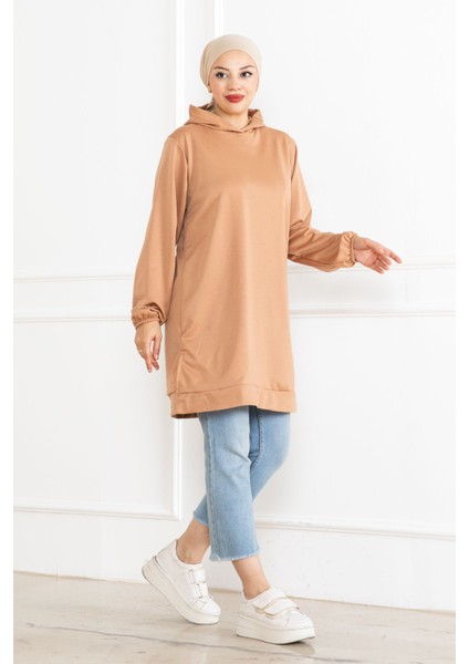 Kadın Kapüşonlu Bej Uzun Tesettür Tunik Sweatshirt modelleri