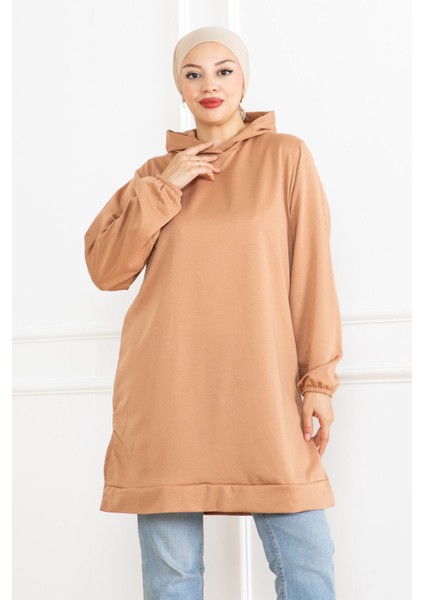 Kadın Kapüşonlu Bej Uzun Tesettür Tunik Sweatshirt fırsatları