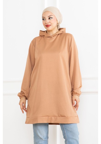 Kadın Kapüşonlu Bej Uzun Tesettür Tunik Sweatshirt indirimleri