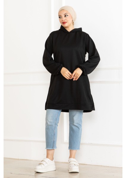 Kadın Kapüşonlu Siyah Uzun Tesettür Tunik Sweatshirt fiyatları
