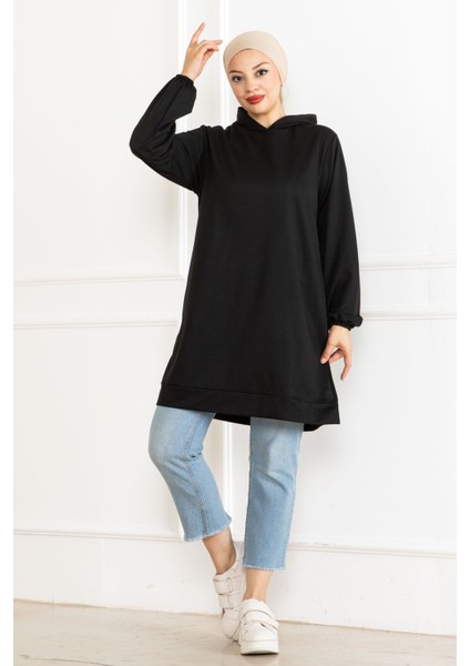 Kadın Kapüşonlu Siyah Uzun Tesettür Tunik Sweatshirt modelleri