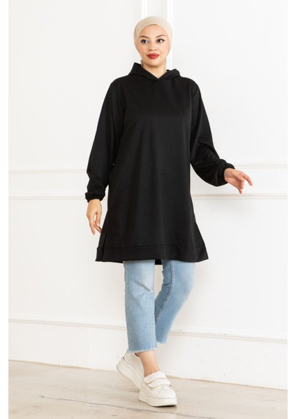 Kadın Kapüşonlu Siyah Uzun Tesettür Tunik Sweatshirt fırsatları