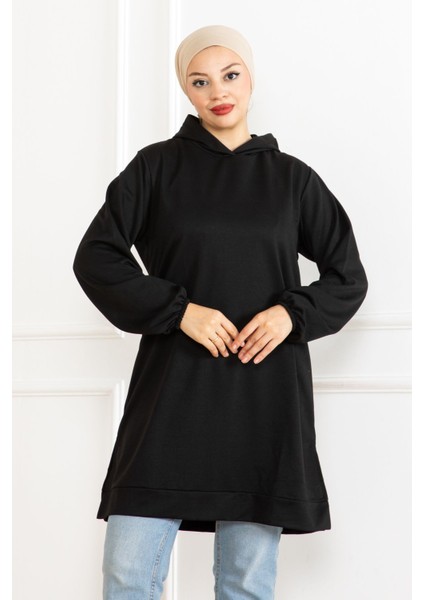 Kadın Kapüşonlu Siyah Uzun Tesettür Tunik Sweatshirt indirimleri