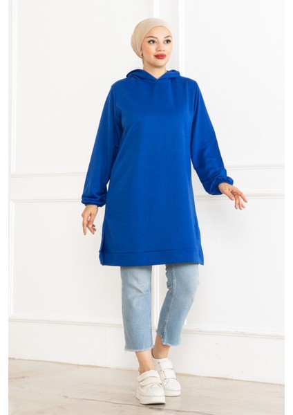 Kadın Kapüşonlu Saks Mavi Uzun Tesettür Tunik Sweatshirt