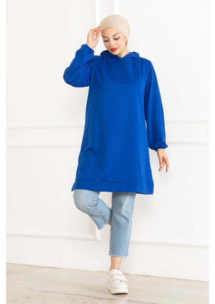 Kadın Kapüşonlu Saks Mavi Uzun Tesettür Tunik Sweatshirt